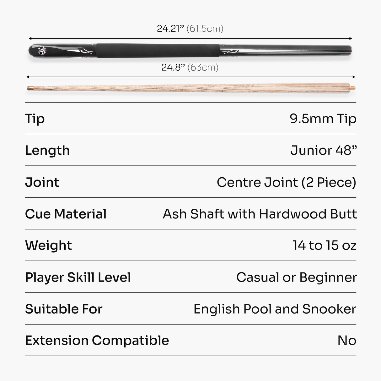 Jonny 8 Ball BLACK TORPEDO 48 Inch 2 Piece Junior Kids Snooker Pool Cue and Hard Case Set 9.5mm Tip