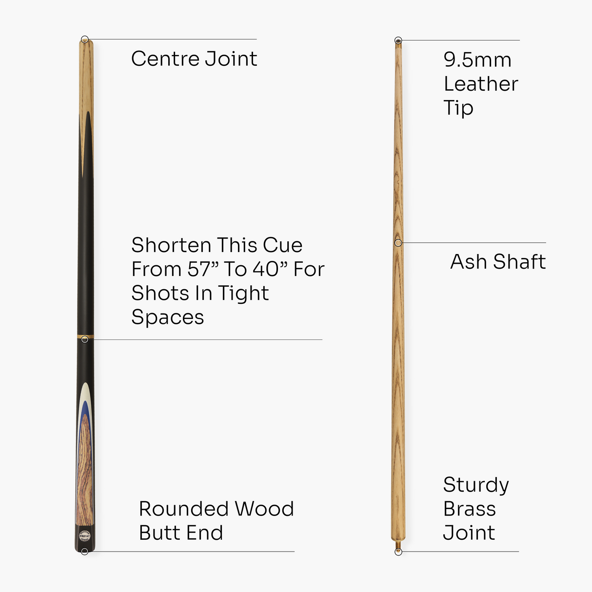 Pro147 Kingswood 3pc Snooker Pool Cue 57 Inch with Matching Ash Grain and 9.5mm Tip PRO147