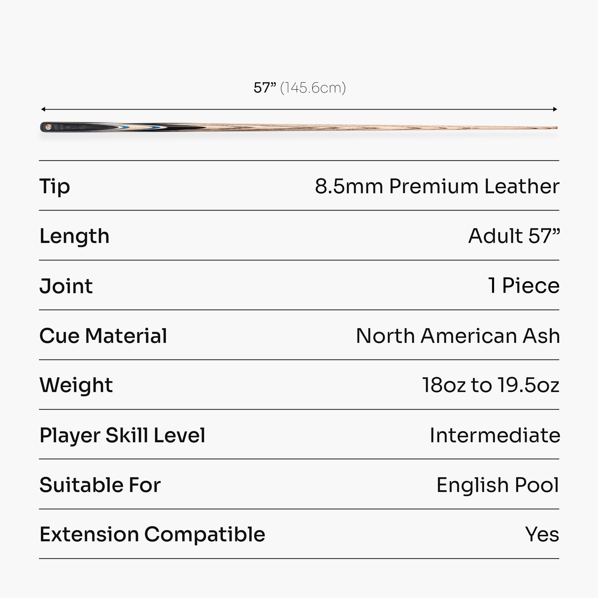 Baize Master Cobalt Marksman 57 Inch 1 Piece English Pool Cue with 8.5mm Baize Master Blue Pressed Tip