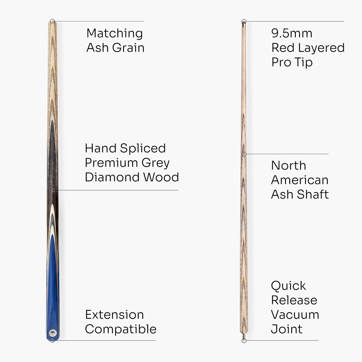 PRO147 TRIUMPH 2 Piece Premium Ash Snooker and Pool Cue with 9.5mm Professional Layered Tip