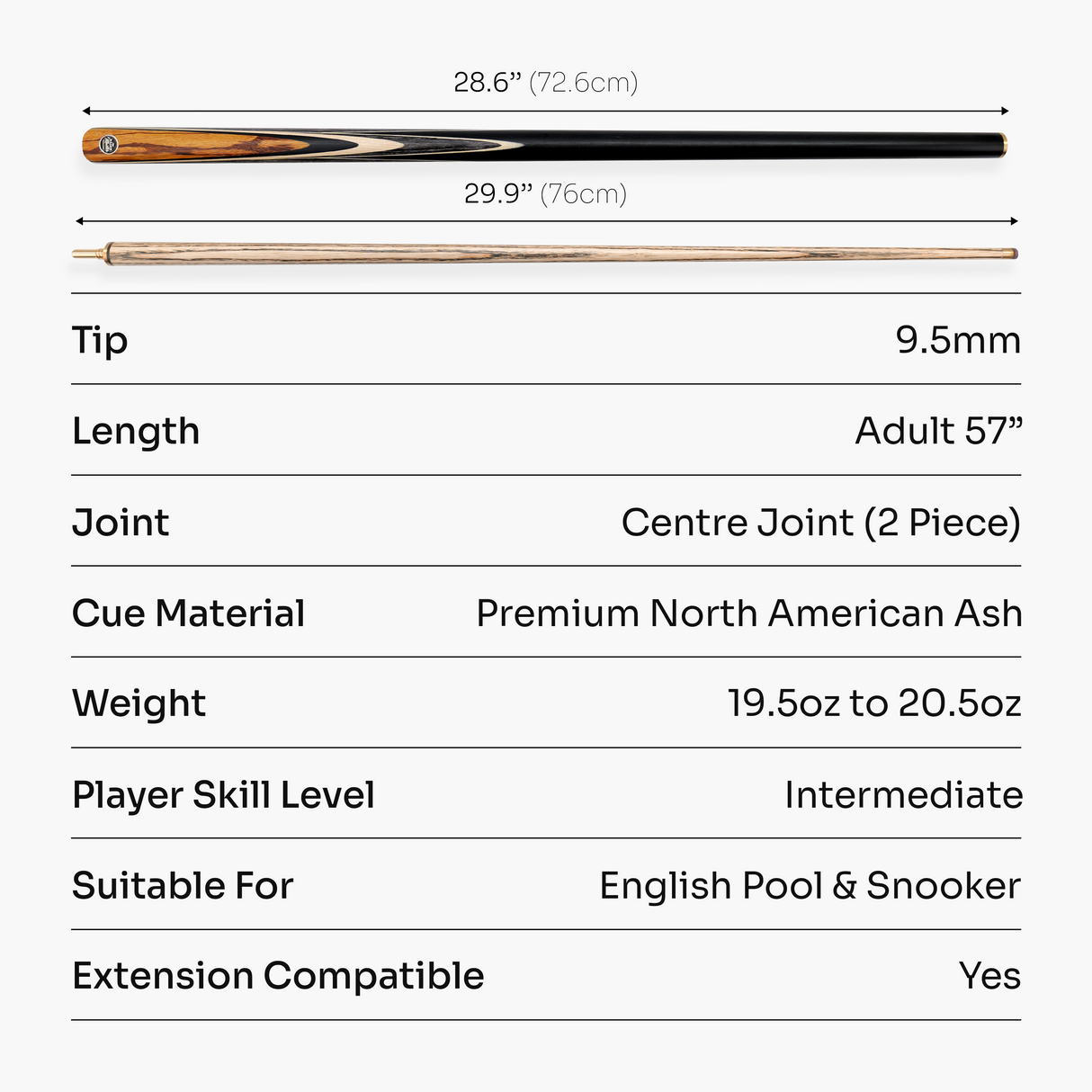 Baize Master BLACKLINE ELITE 2 Piece Snooker and Pool Cue 9.5mm Layered Tip