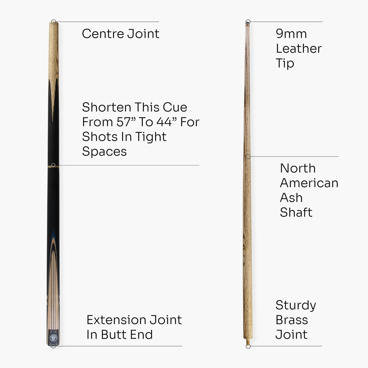 Jonny 8 Ball 57 Inch 3 Piece Length Adjustable Snooker Pool Cue 9mm Tip - Shorten to 44"