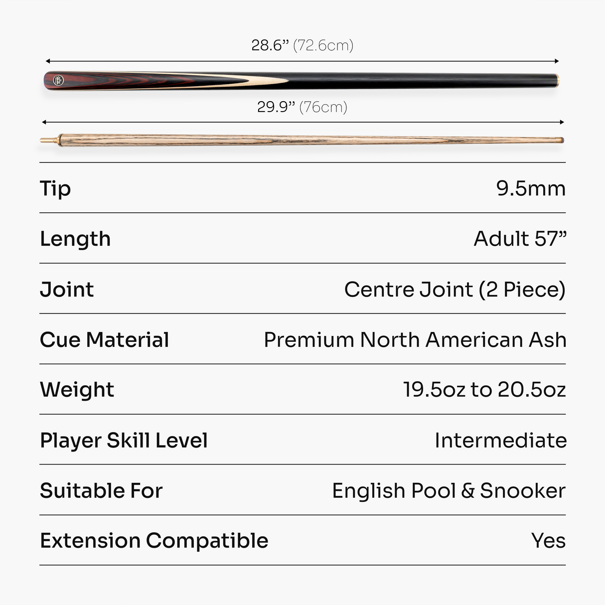 Baize Master BLACKLINE CLASSIC 2 Piece Snooker and Pool Cue 9.5mm Layered Tip