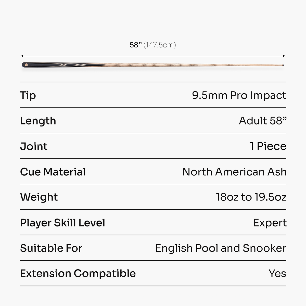 Baize Master Midnight Centurion 58 Inch 1 Piece Snooker and Pool Cue with 9.5mm Pro Impact Tip