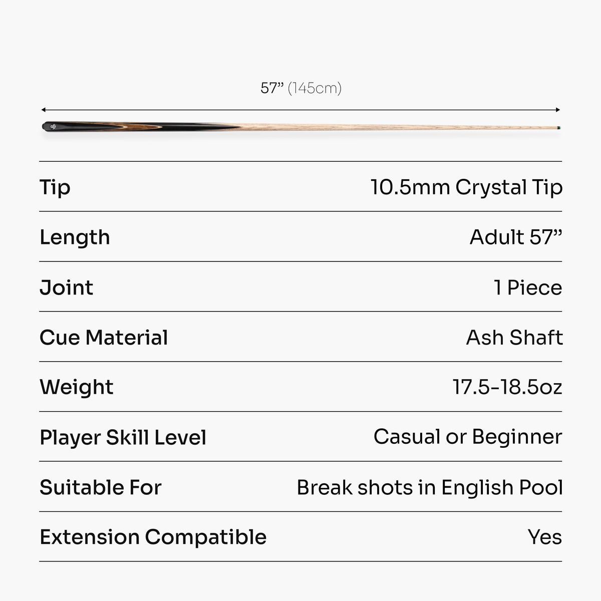 Jonny 8 Ball Juggernaut 57 Inch 1 Piece Ash English Pool Break Cue with Phenolic Ferrule and 10.5mm Crystal Tip