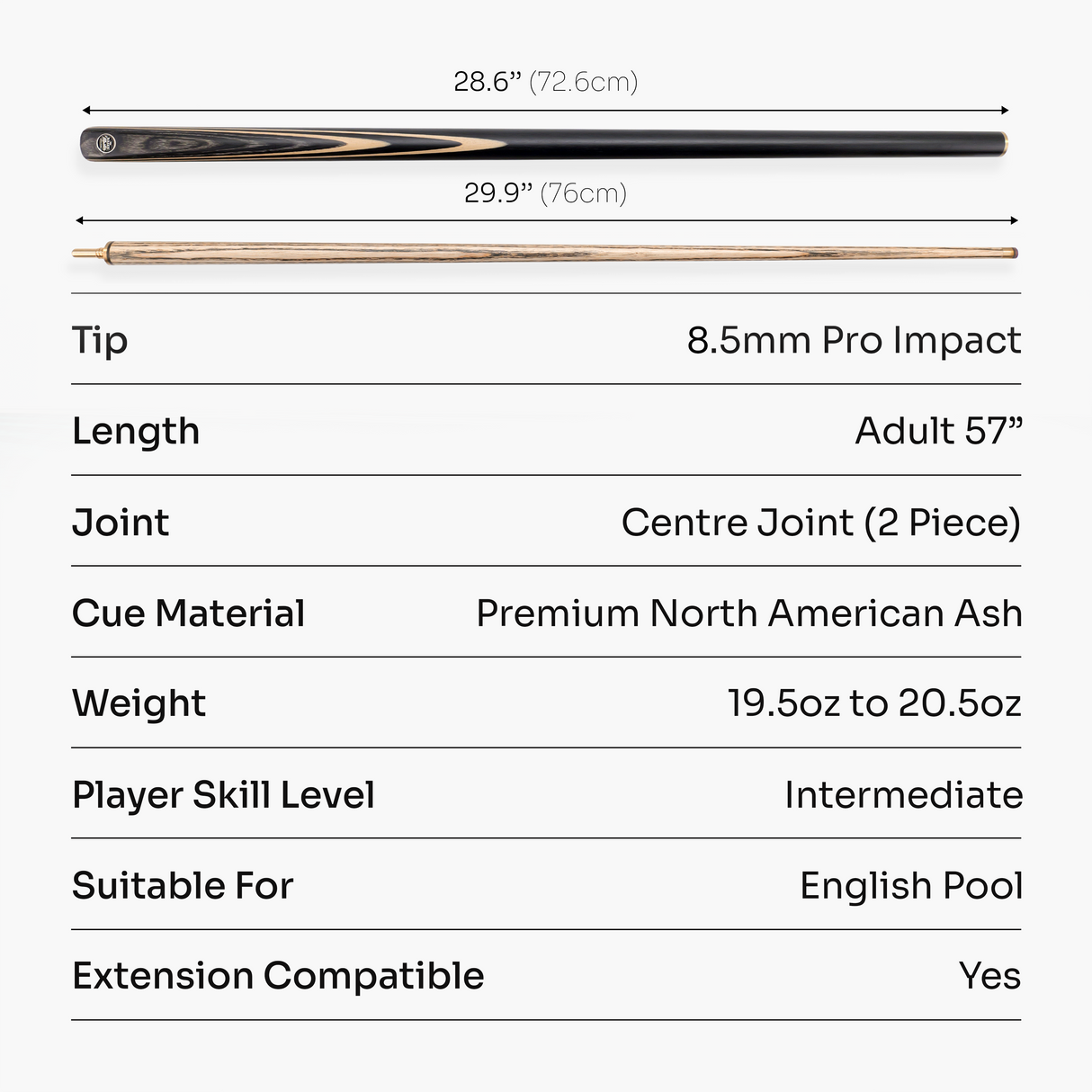 Baize Master BLACKLINE CLASSIC 2 Piece English Pool Cue and Case Set 8.5mm Pro Impact Tip
