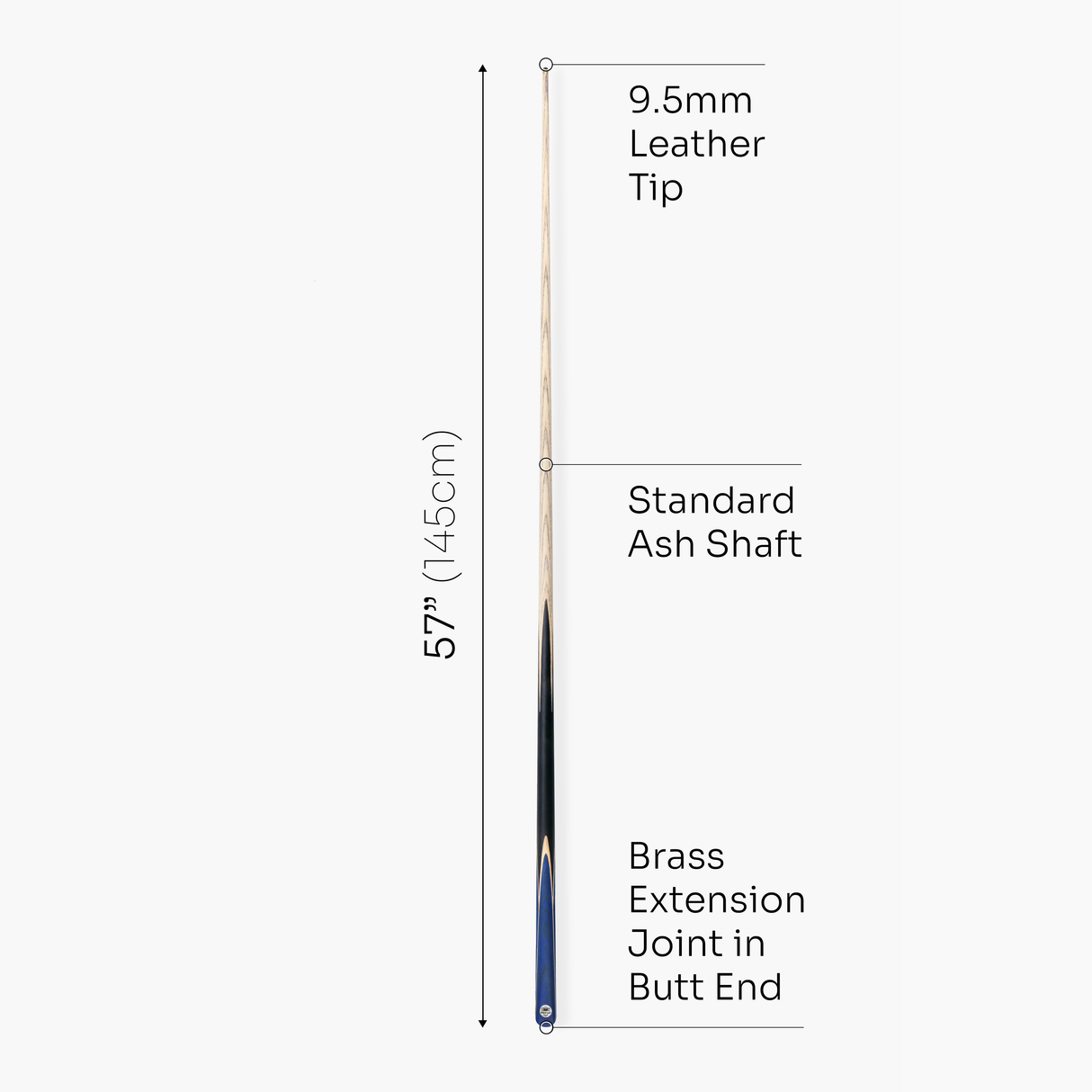 PRO147 Trident 57 Inch 1 Piece Hand Spliced Ash Snooker and Pool Cue with 9.5mm Tip