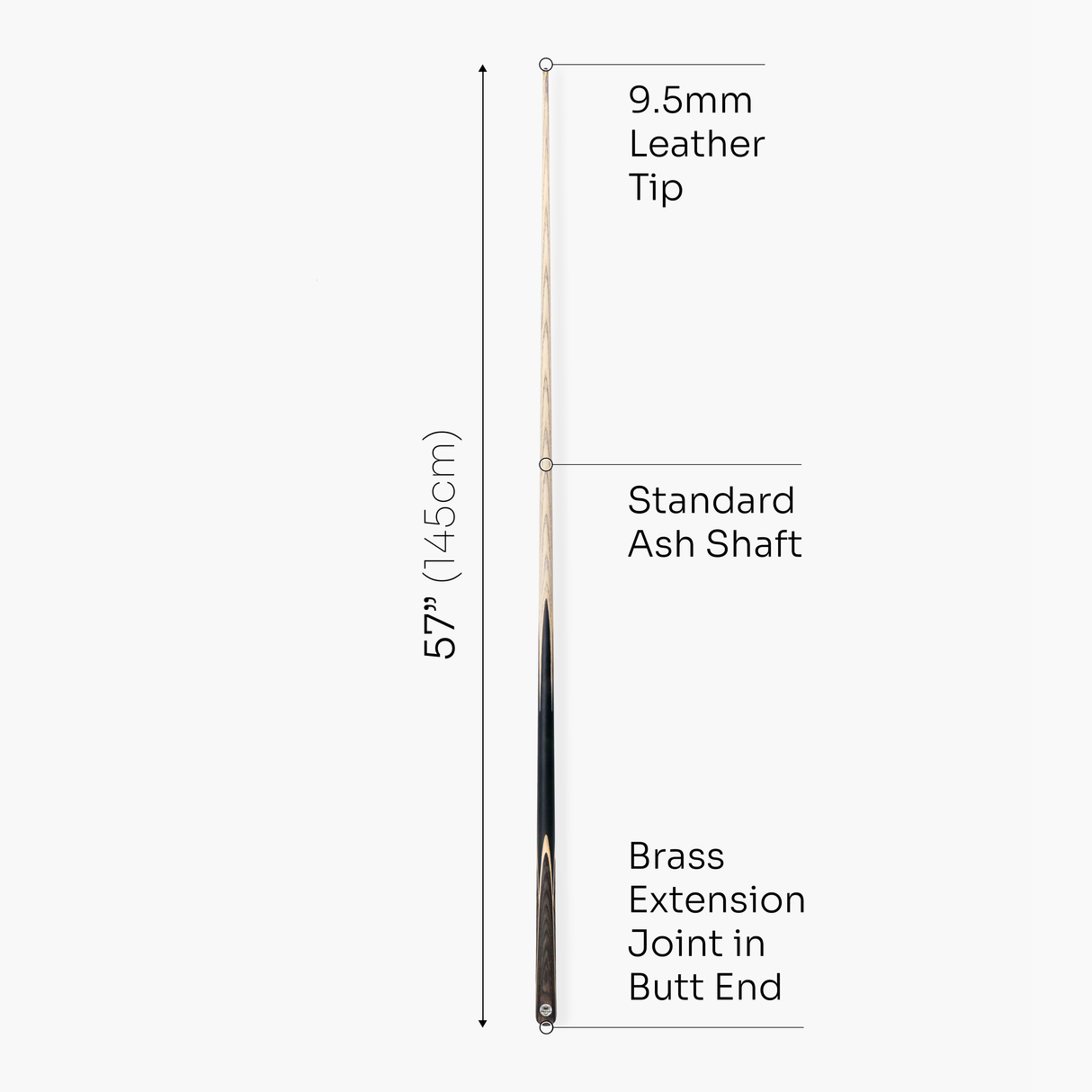 PRO147 Trident 57 Inch 1 Piece Hand Spliced Ash Snooker and Pool Cue with 9.5mm Tip