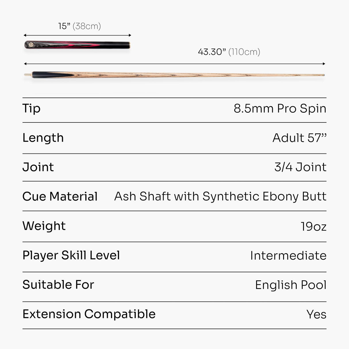 Baize Master G14 Emperor 57 Inch ¾ Professional English Pool Cue 8.5mm with with Hand Fitted PRO SPIN Medium Tip - Hand Finished in the UK by Cue Care Jim using Lynch’s Cue Balm