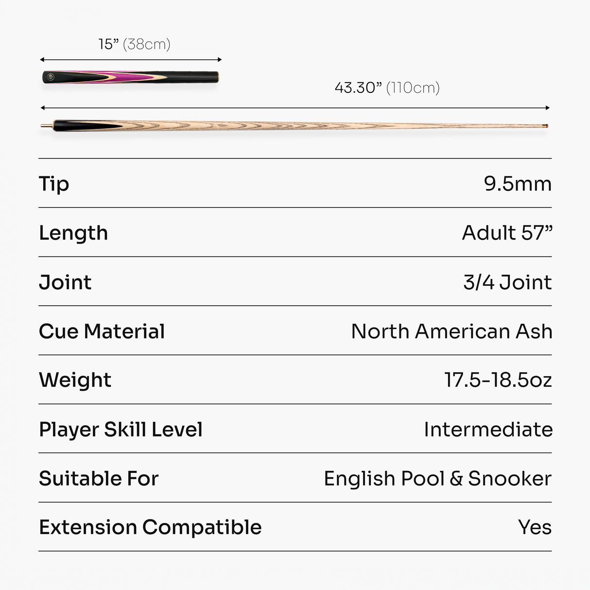 Baize Master 3/4 CRUCIBLE Hand Spliced 57 Inch Ash Snooker Pool Cue with 9.5mm Tip + Mini Butt Extension