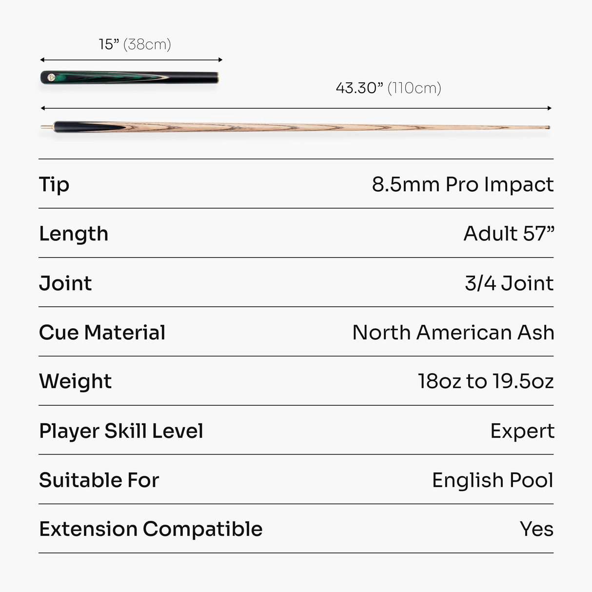 Baize Master Emerald Marksman ¾ Joint English Pool Cue with 8.5mm Baize Master Pro Impact Hybrid Tip