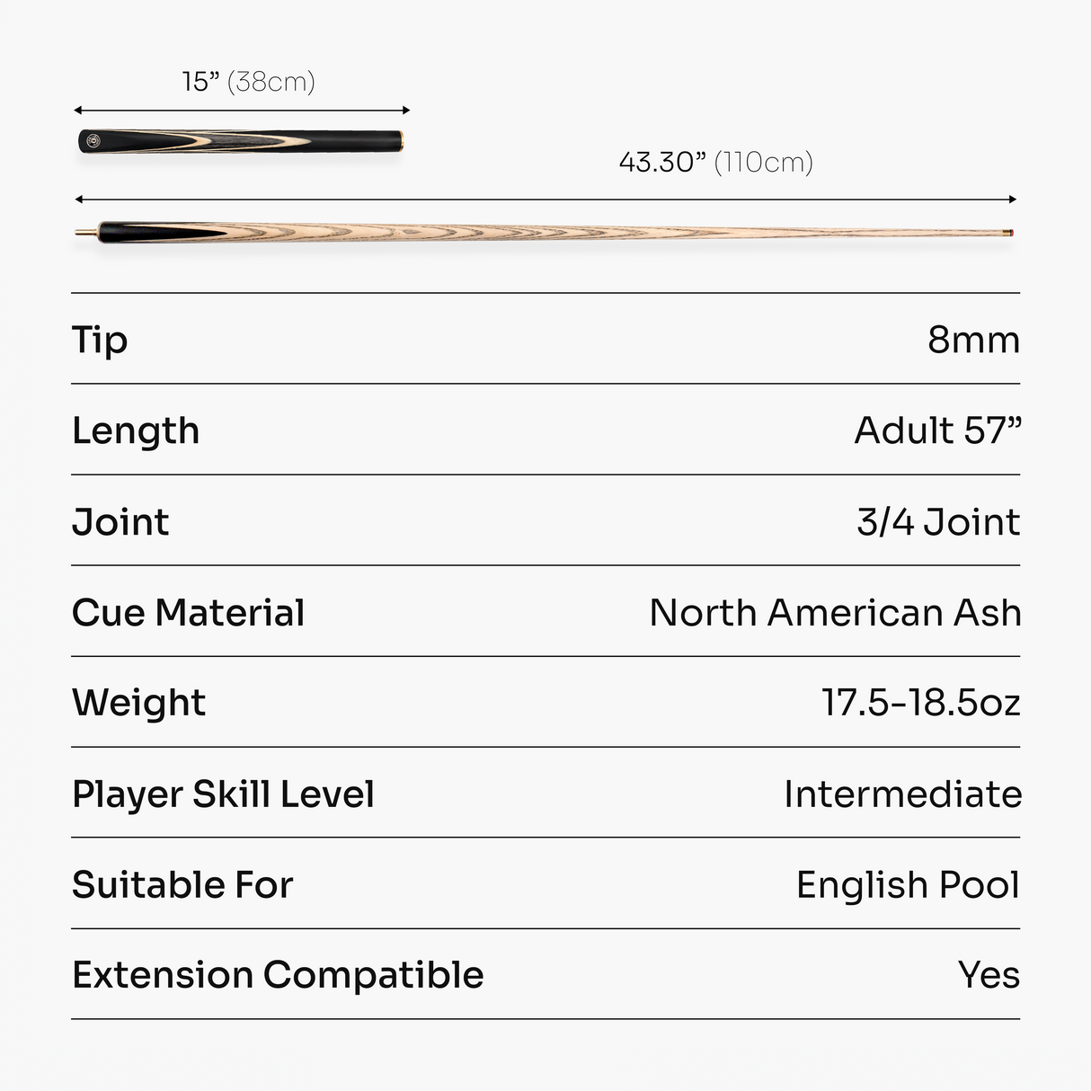 Jonny 8 Ball 3/4 SNIPER 57 Inch Ash English Pool Cue with 8mm Layered Pro Tip