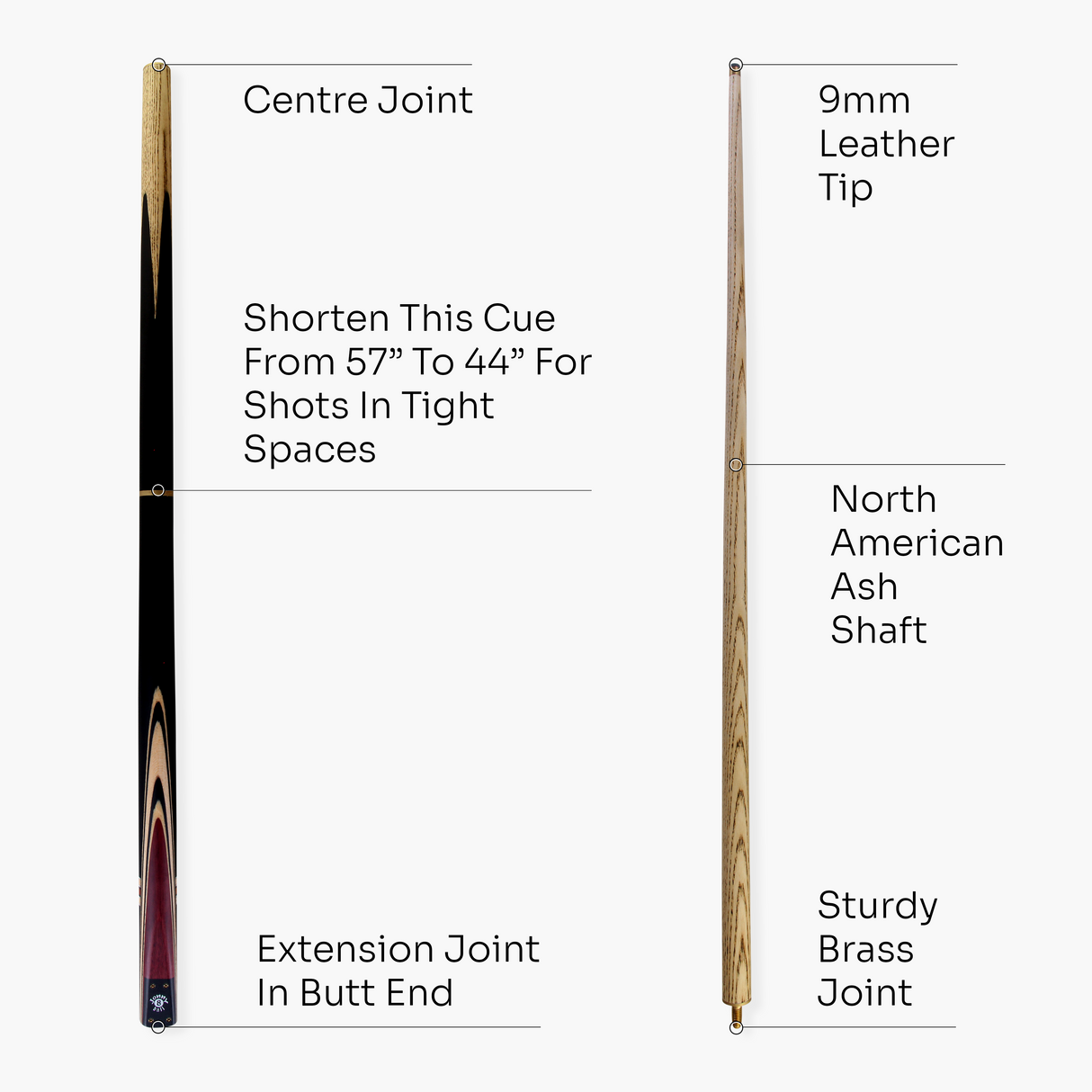 Jonny 8 Ball 57 Inch 3 Piece Length Adjustable Snooker Pool Cue 9mm Tip - Shorten to 44"