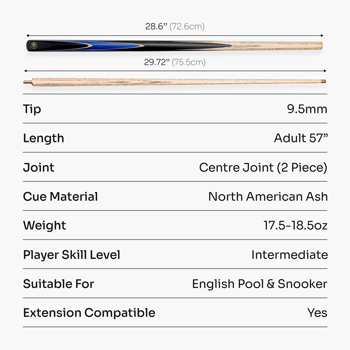 Baize Master CRUCIBLE 57 Inch 2 Piece Centre Joint Ash Snooker Pool Cue with 9.5mm Tip