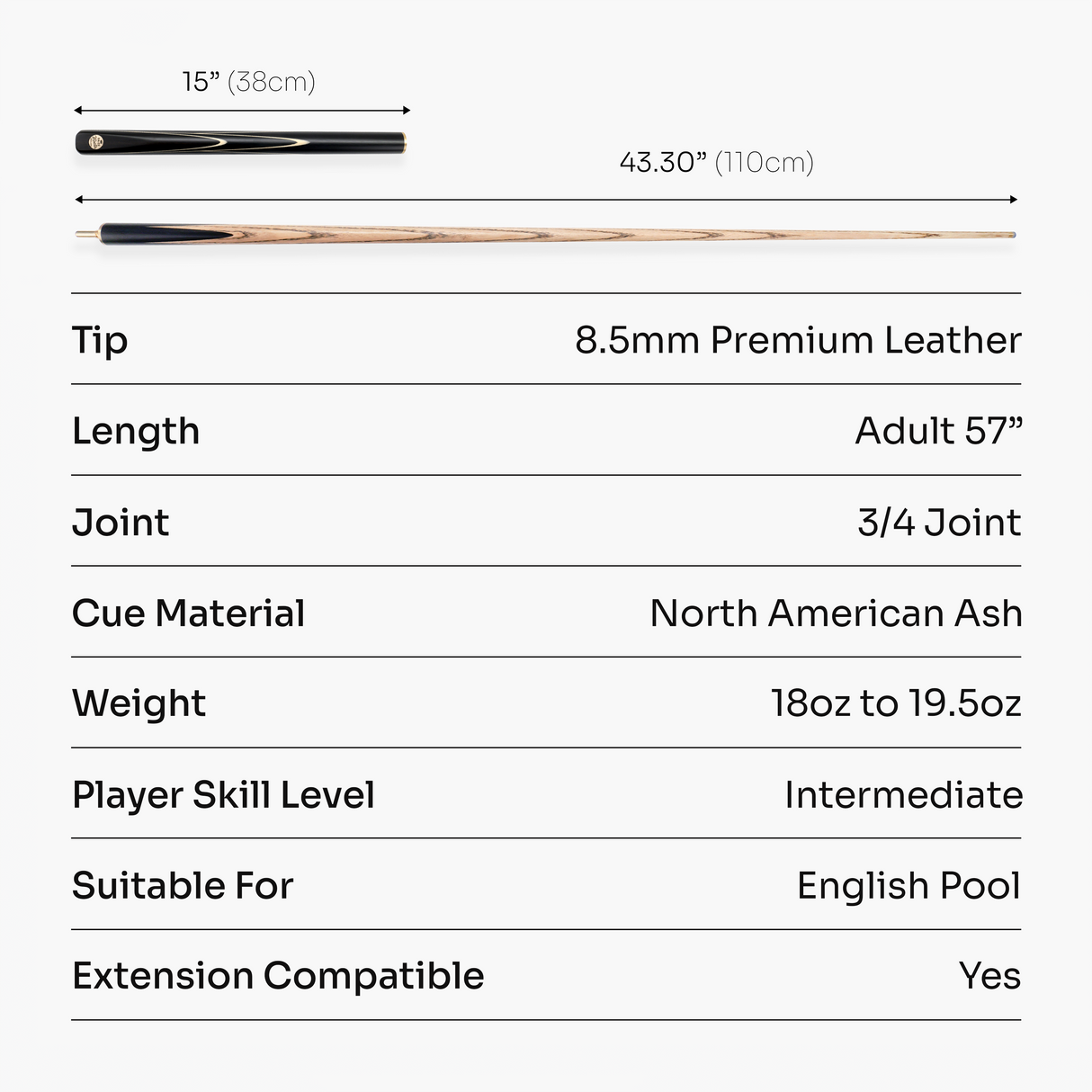 Baize Master Black Marksman ¾ Joint English Pool Cue with 8.5mm Baize Master Blue Pressed Tip