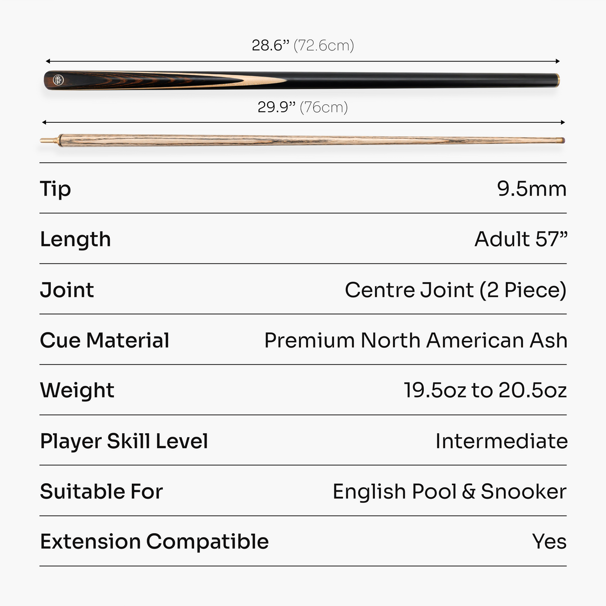 Baize Master BLACKLINE CLASSIC 2 Piece Snooker and Pool Cue 9.5mm Layered Tip