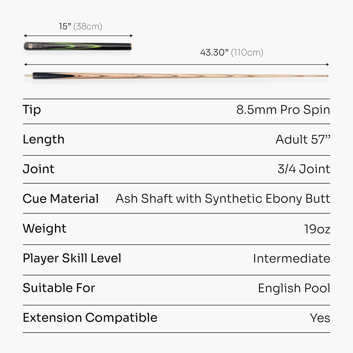 Baize Master G14 Emperor 57 Inch ¾ Professional English Pool Cue 8.5mm with with Hand Fitted PRO SPIN Medium Tip - Hand Finished in the UK by Cue Care Jim using Lynch’s Cue Balm