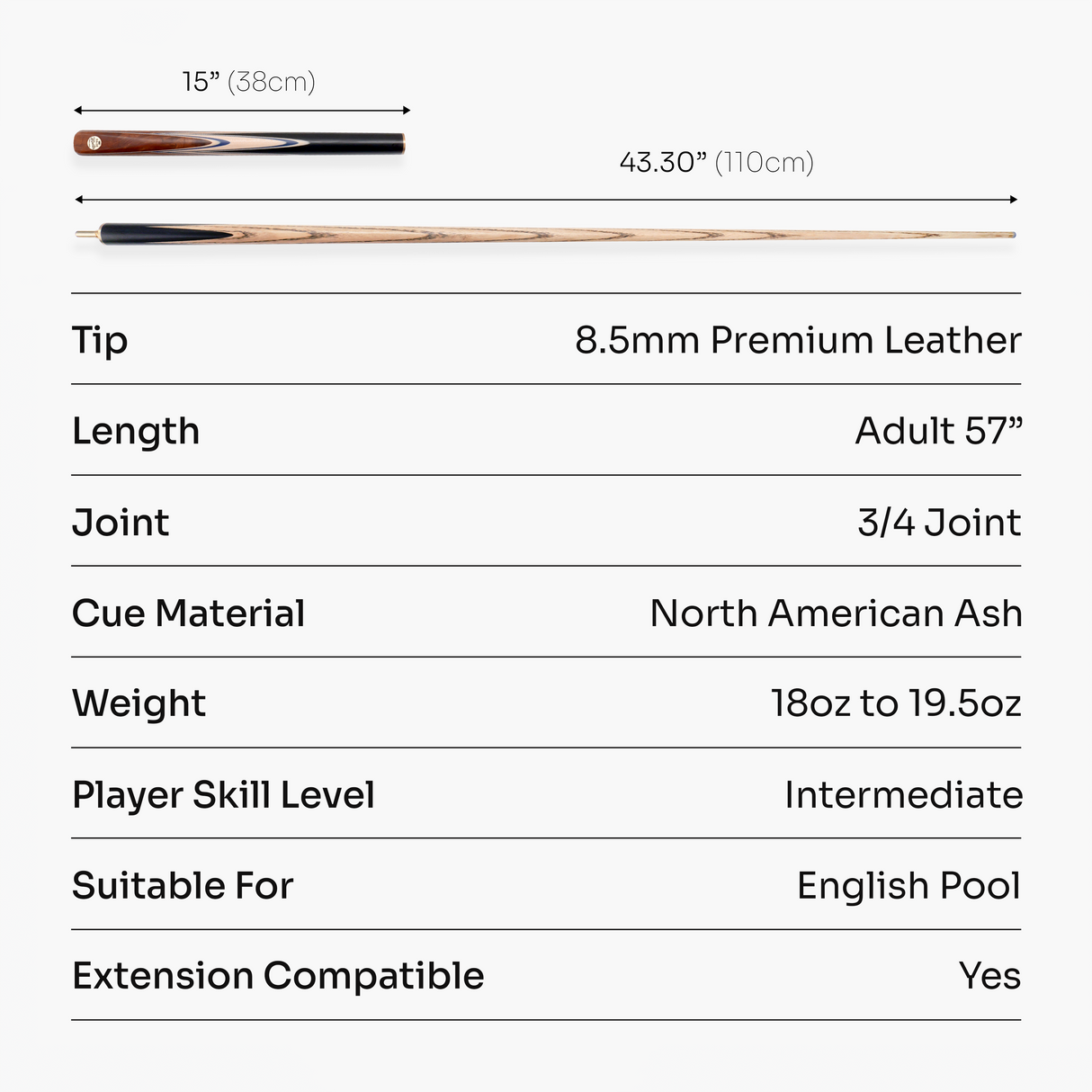 Baize Master Maple Marksman ¾ Joint English Pool Cue with 8.5mm Baize Master Blue Pressed Tip