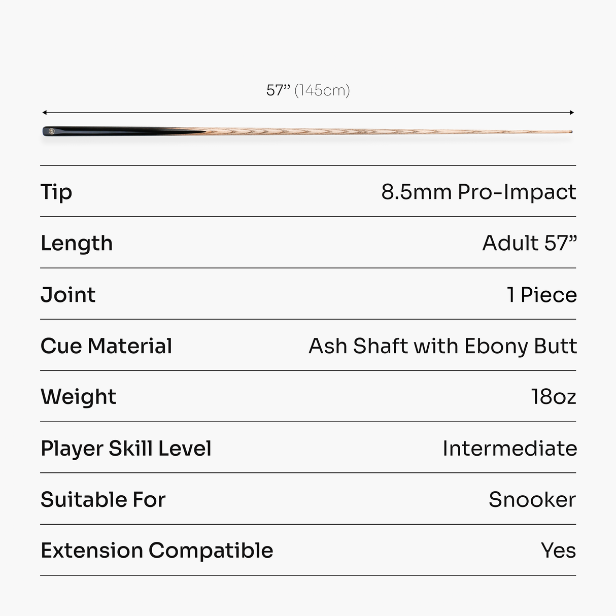 Baize Master CLASSIQUE 57 Inch One Piece Ebony Butt English Pool Cue with Baize Master Pro Impact 8.5mm Tip