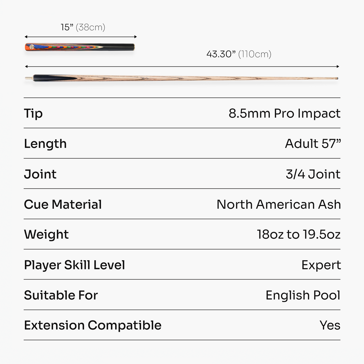Baize Master Prism Marksman ¾ Joint English Pool Cue with 8.5mm Baize Master Pro Impact Hybrid Tip