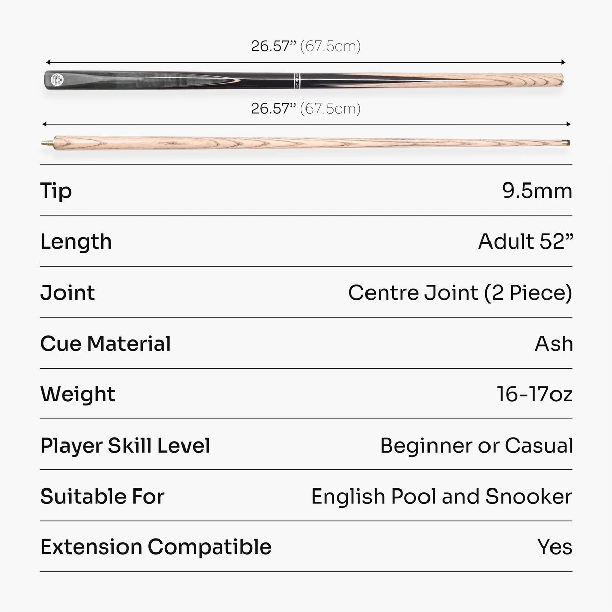 Baize Master CONQUEST 52 Inch 2 Piece Junior Snooker Pool Cue with 9.5mm Tip Baize Master