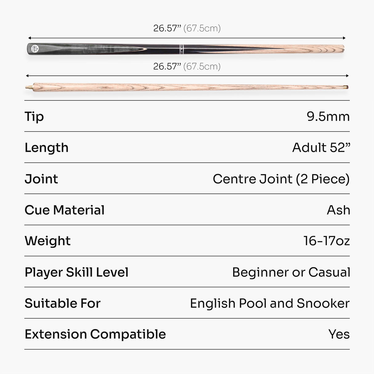 Baize Master CONQUEST 52 Inch 2 Piece Junior Snooker Pool Cue with 9.5mm Tip