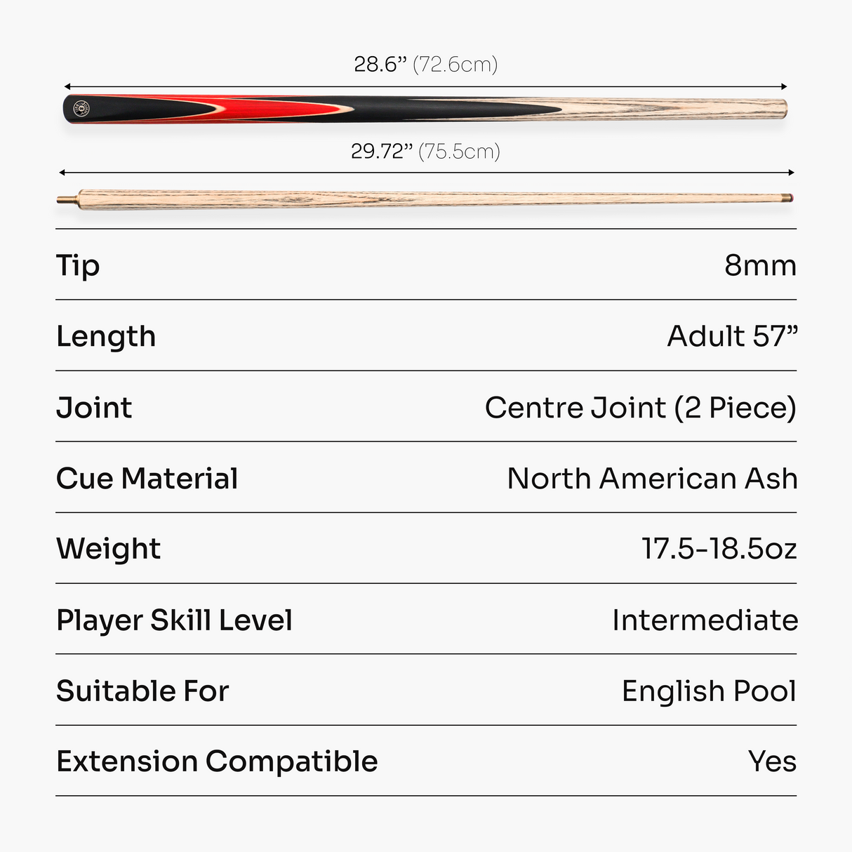 Jonny 8 Ball 2 Piece SNIPER 57 Inch Ash English Pool Cue with 8mm Pro Leather Tip