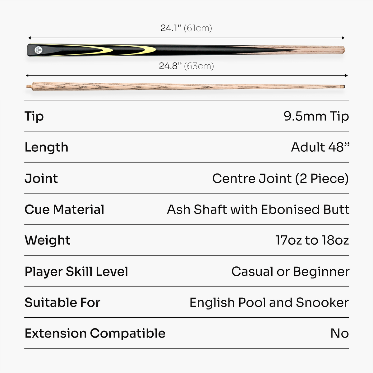 Kudos Junior Pulse 48 Inch 2 Piece Kids Snooker and Pool Cue with 9.5mm Tip