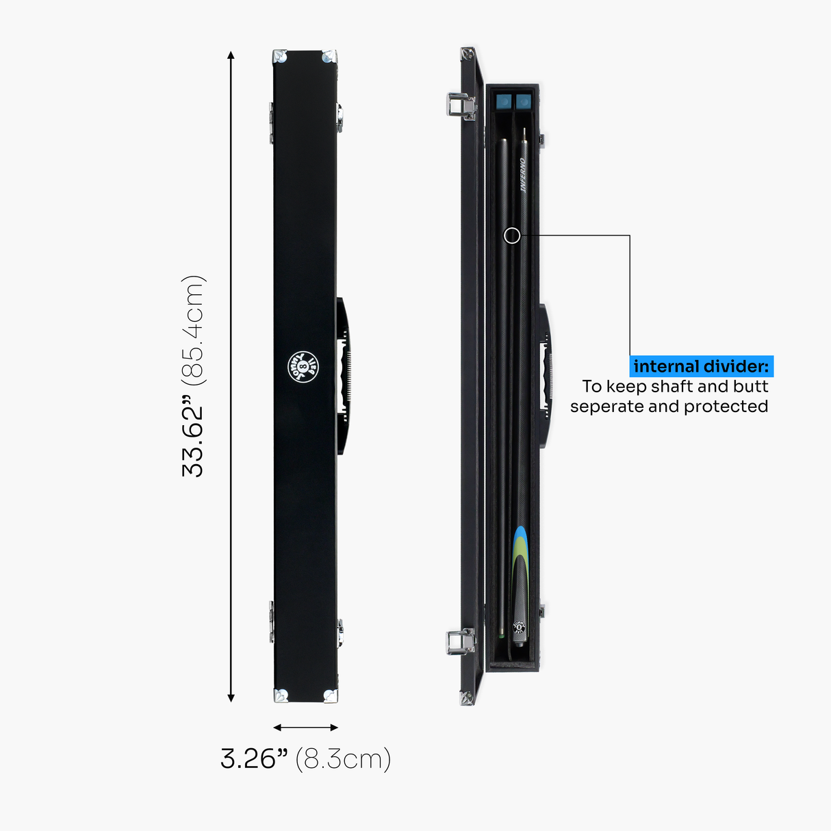 Jonny 8 Ball Inferno 2 Piece Graphite Fiberglass Cue and Case Set 9.5mm Green Layered Tip