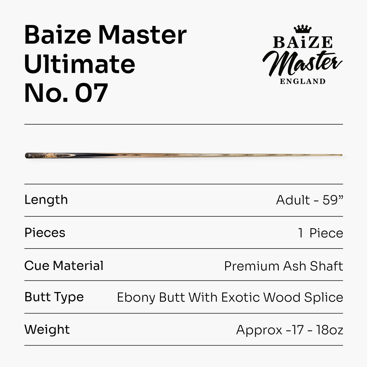 Baize Master Ultimate #007 59 Inch One Piece Hand Spliced Ebony Butt English Pool Cue with Hand-Fitted Asia Cues Pro 8.3mm Tip – Handmade in Thailand by Asia Cues