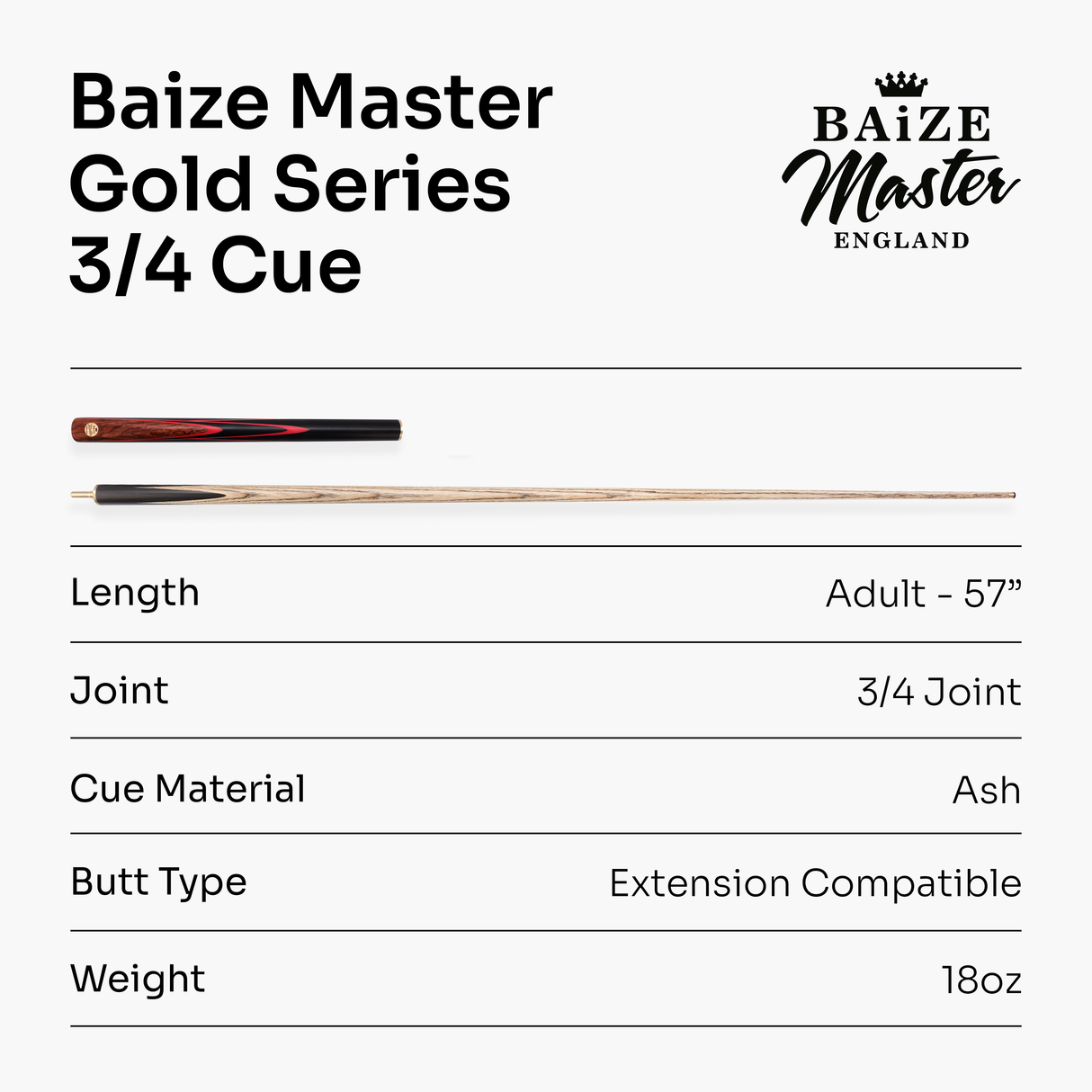 Baize Master Gold Series Red Ascot 3/4 Joint Hand Spliced English Pool Cue with 8.5mm Tip