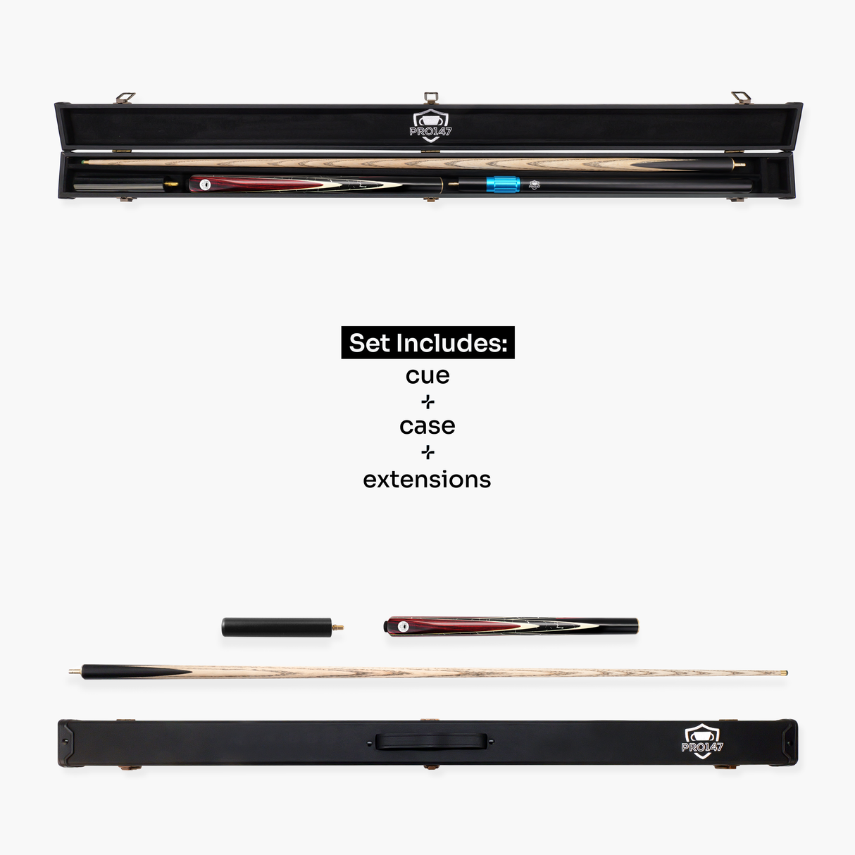 PRO147 Traditional Eclipse 3/4 Joint Snooker and Pool Deluxe Cue, Case and Extensions Set with 9.5mm Green Layered Tip