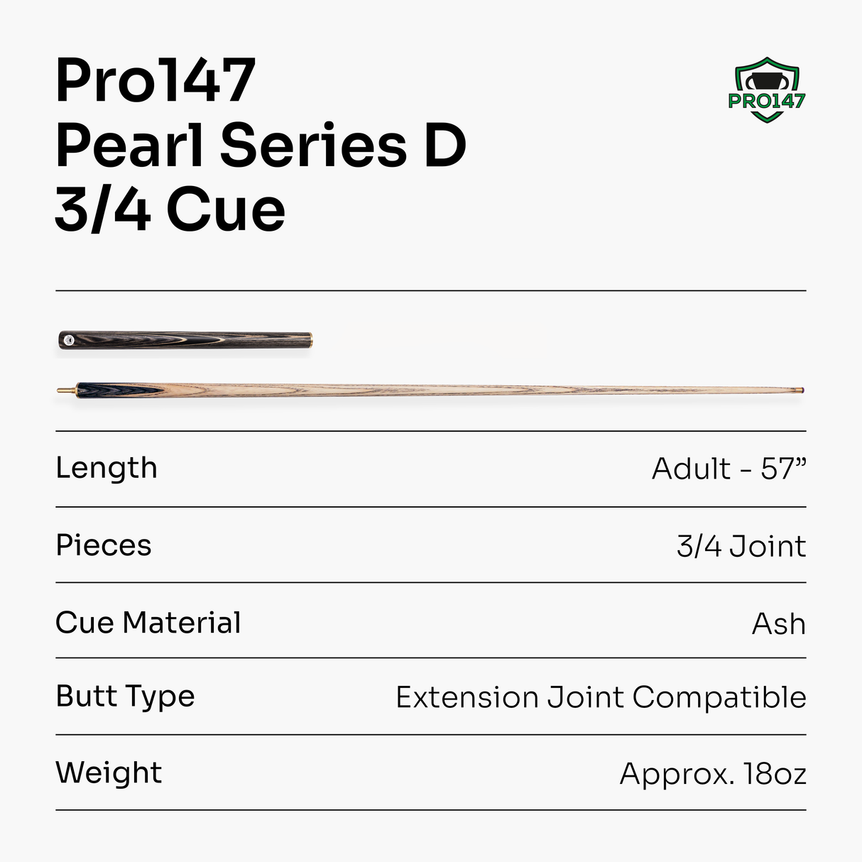 PRO147 Pearl Series Grey 57 Inch 3/4 Jointed Snooker Pool Cue 9.5mm Pro Leather Tip