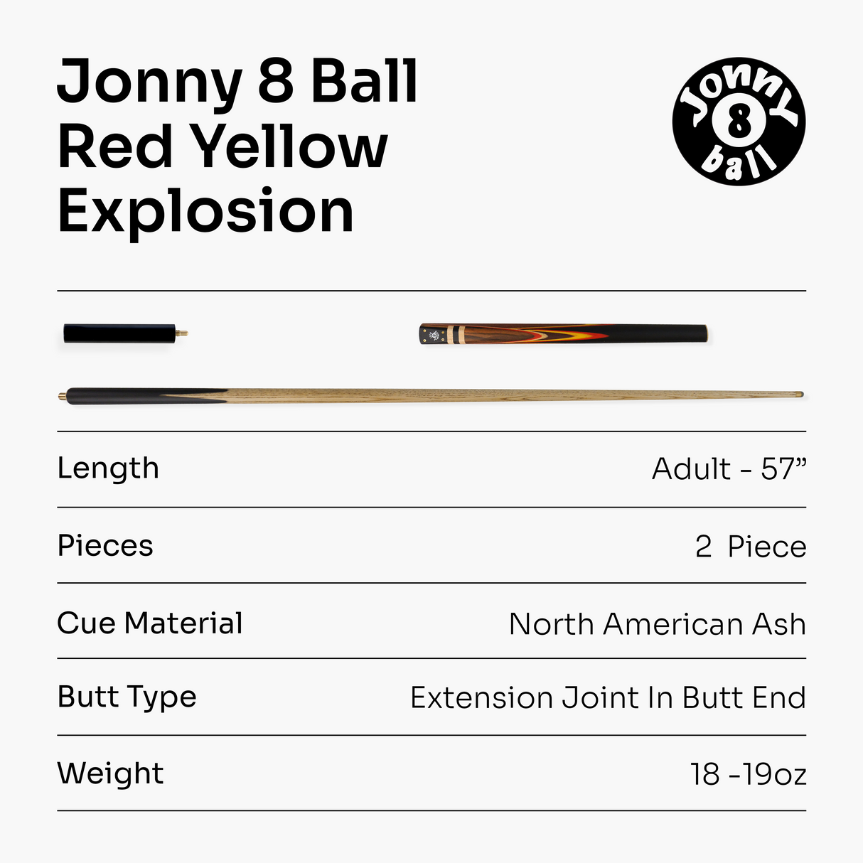 Jonny 8 Ball 57 Inch Traditional ¾ Jointed Ash Snooker Pool Cue 9mm tip + Mini Butt Jonny 8 Ball