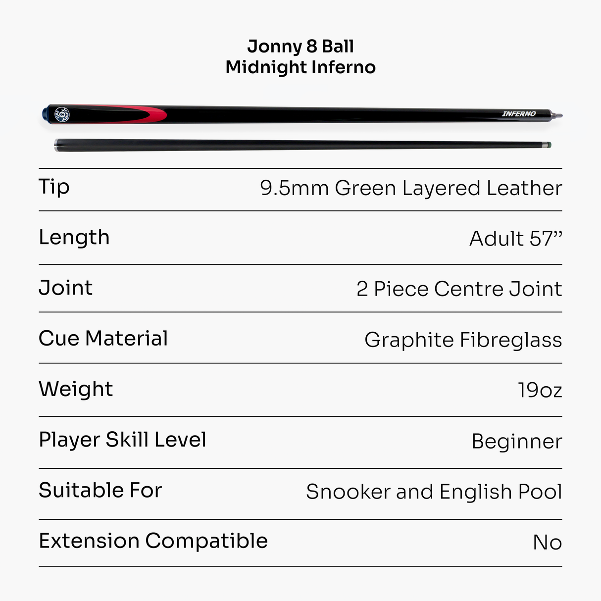 Jonny 8 Ball Inferno 2 Piece Graphite Fiberglass Cue and Case Set 9.5mm Green Layered Tip