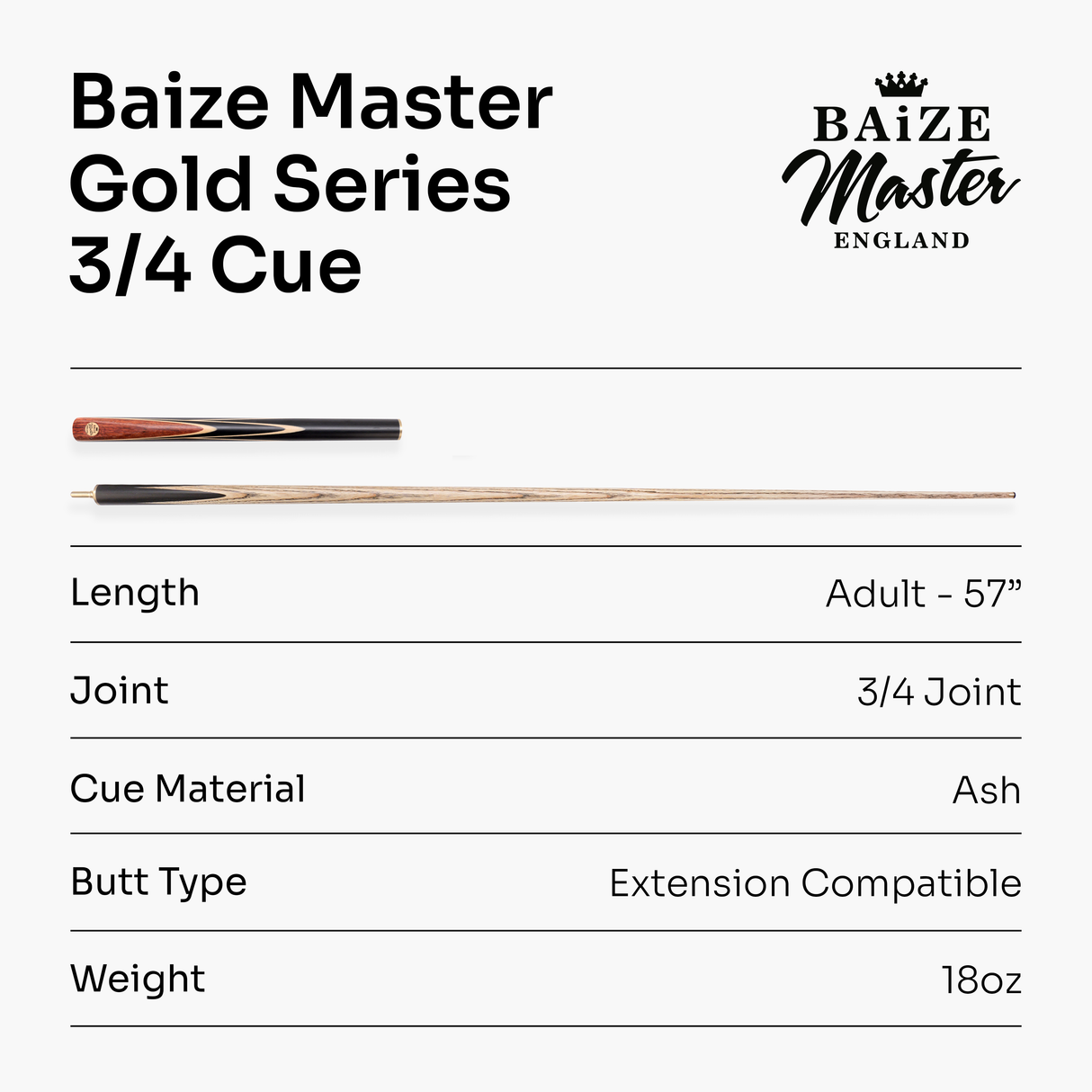 Baize Master Gold Series White Ascot 3/4 Joint Hand Spliced English Pool Cue with 8.5mm Tip