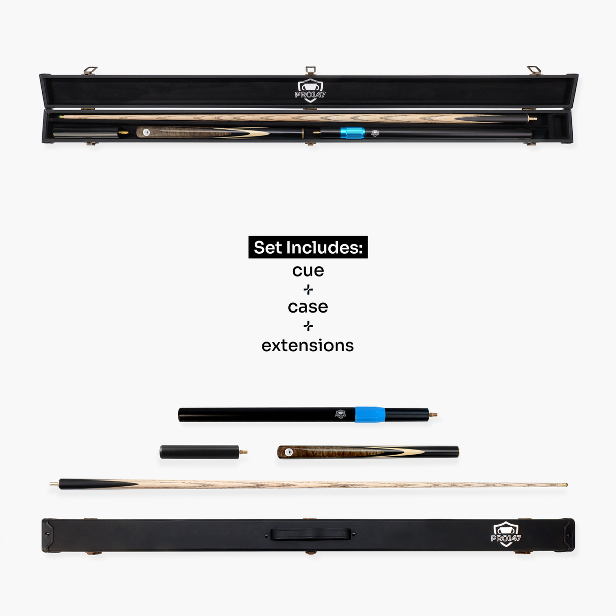 PRO147 Maple Eclipse 3/4 Joint Snooker and Pool Deluxe Cue, Case and Extensions Set with 9.5mm Green Layered Tip