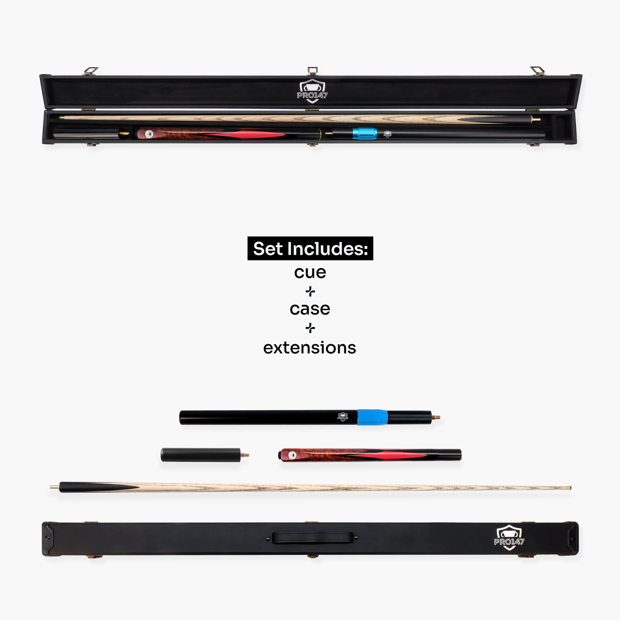 PRO147 Red Eclipse 3/4 Joint Snooker and Pool Deluxe Cue, Case and Extensions Set with 9.5mm Green Layered Tip