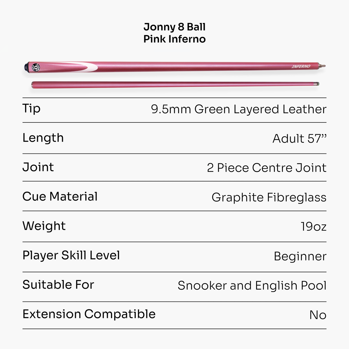 Jonny 8 Ball Inferno 2 Piece Graphite Fiberglass Cue and Case Set 9.5mm Green Layered Tip