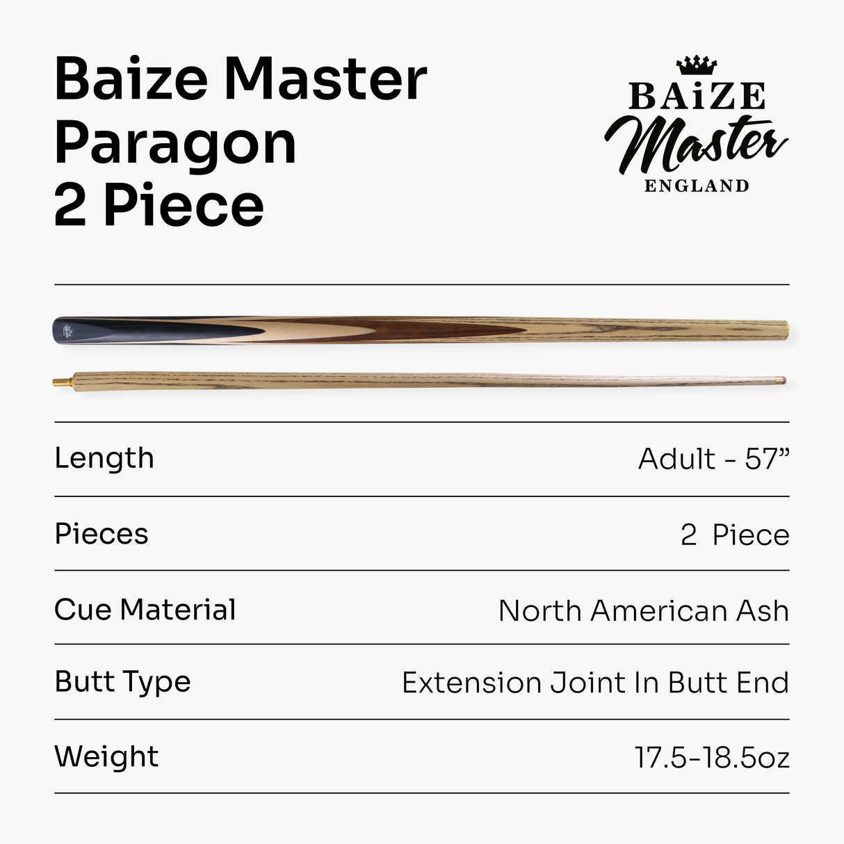 Baize Master Paragon 57 Inch 2 Piece Centre Joint Snooker Pool Cue 9.3mm Pro Leather Tip
