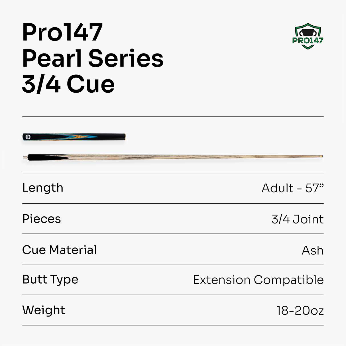 PRO147 Pearl Blue 3/4 Snooker Pool Cue 57" 9.5mm Tip | Cue + Case