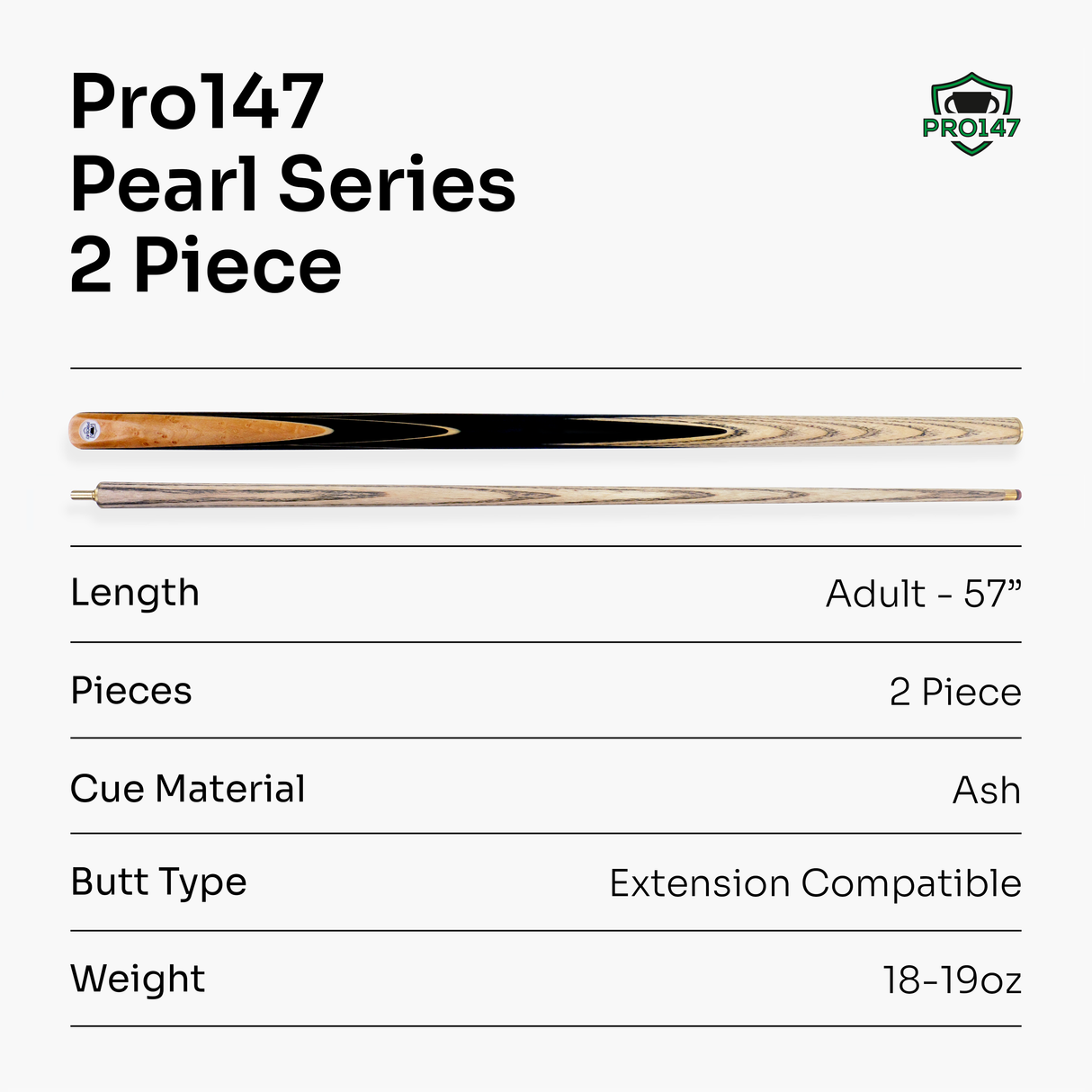 PRO147 Pearl Series Olive Hand Spliced 2 Piece 57 Inch Snooker Pool Cue with Smooth Premium Ash Shaft and Ebony Style Butt with 9.5mm Pro Leather Tip