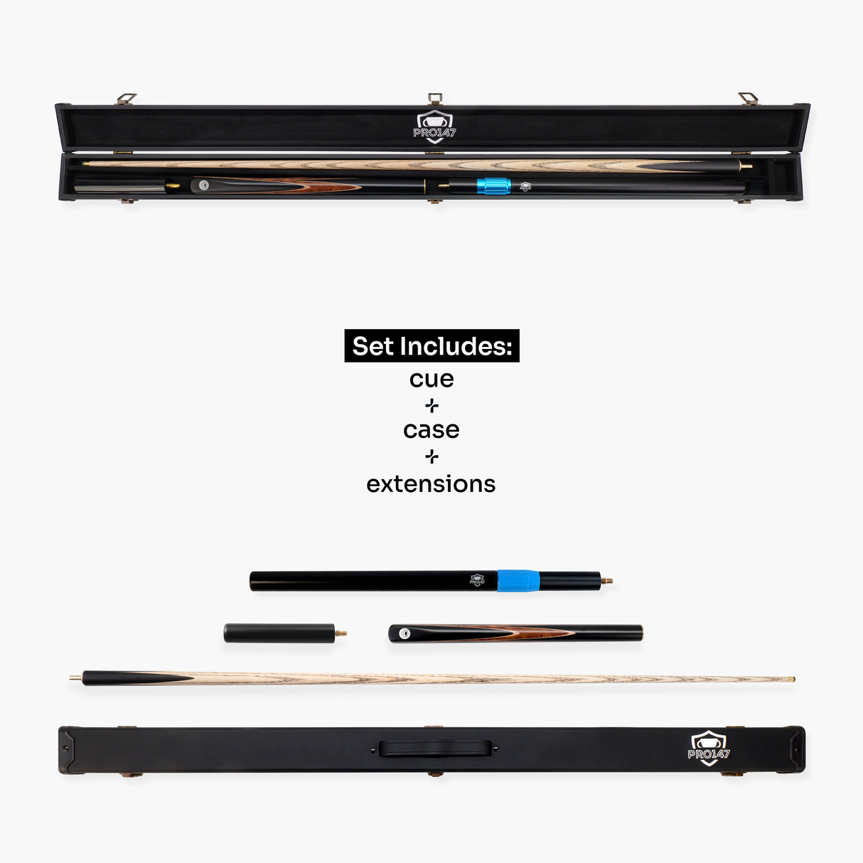 PRO147 Hazel Eclipse 3/4 Joint Snooker and Pool Deluxe Cue, Case and Extensions Set with 9.5mm Green Layered Tip