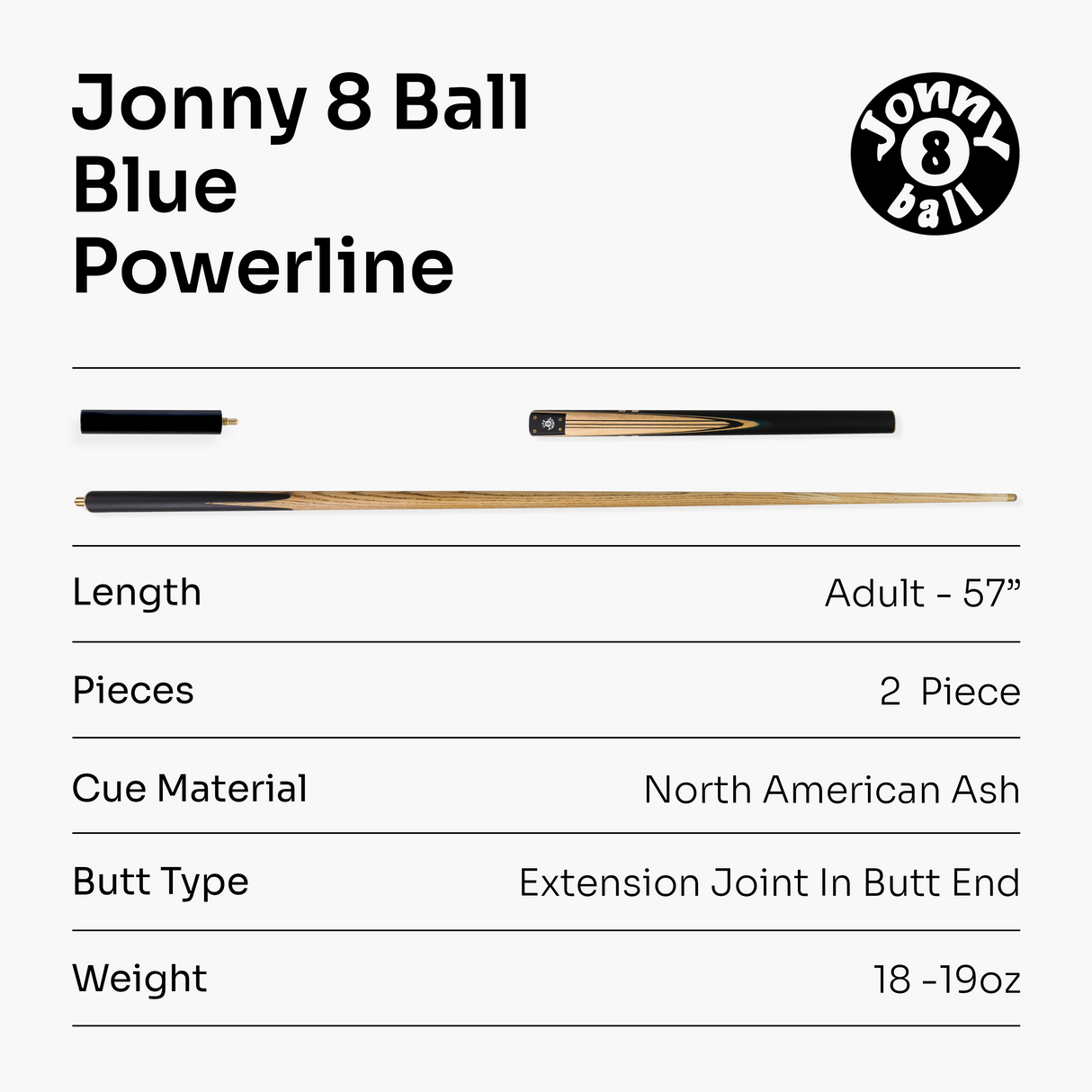 Jonny 8 Ball 57 Inch Traditional ¾ Jointed Ash Snooker Pool Cue 9mm tip + Mini Butt Jonny 8 Ball