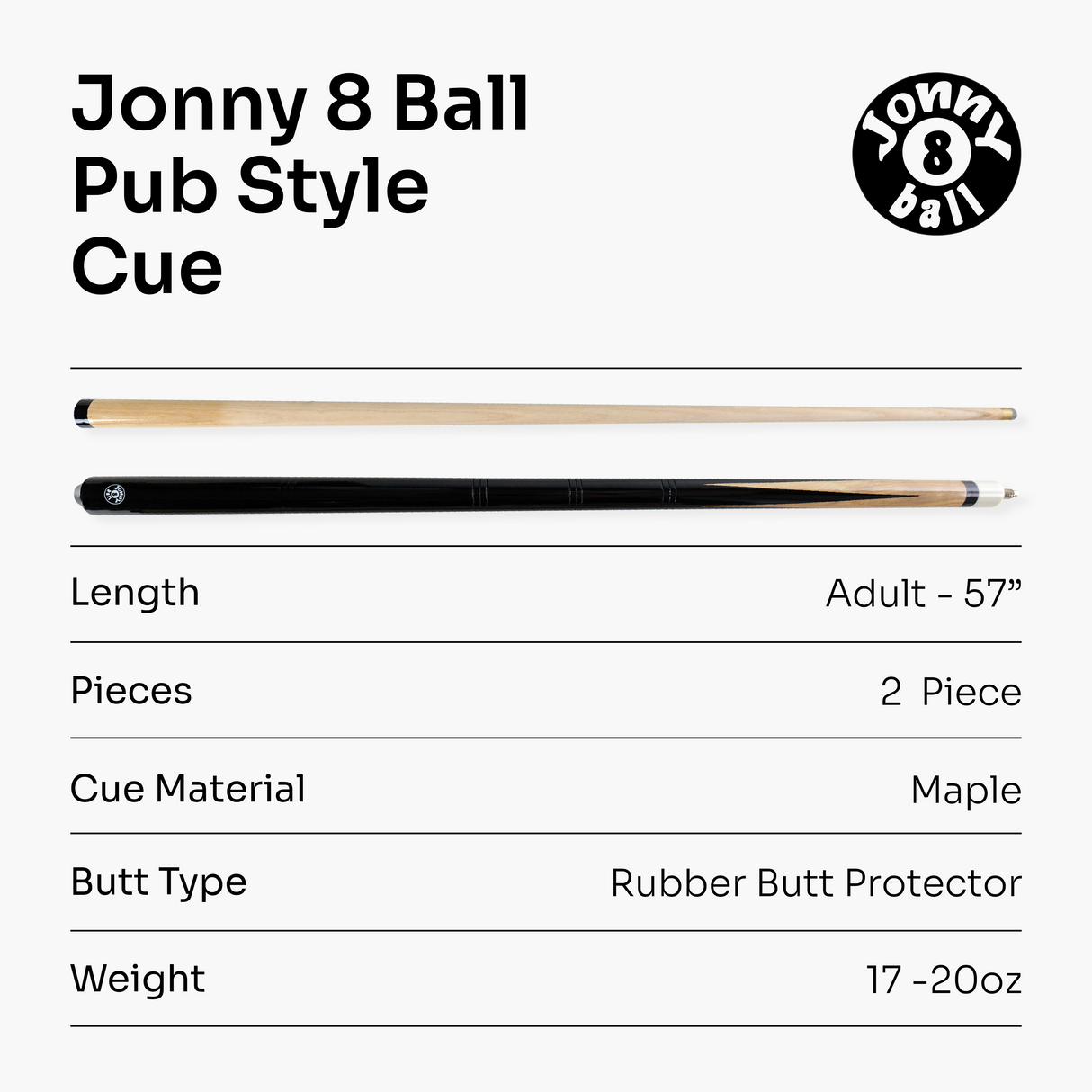 Jonny 8 Ball Pub Style 2 Piece Snooker Pool Cue Set 9.5mm Tip - TWO 57 Inch Cues