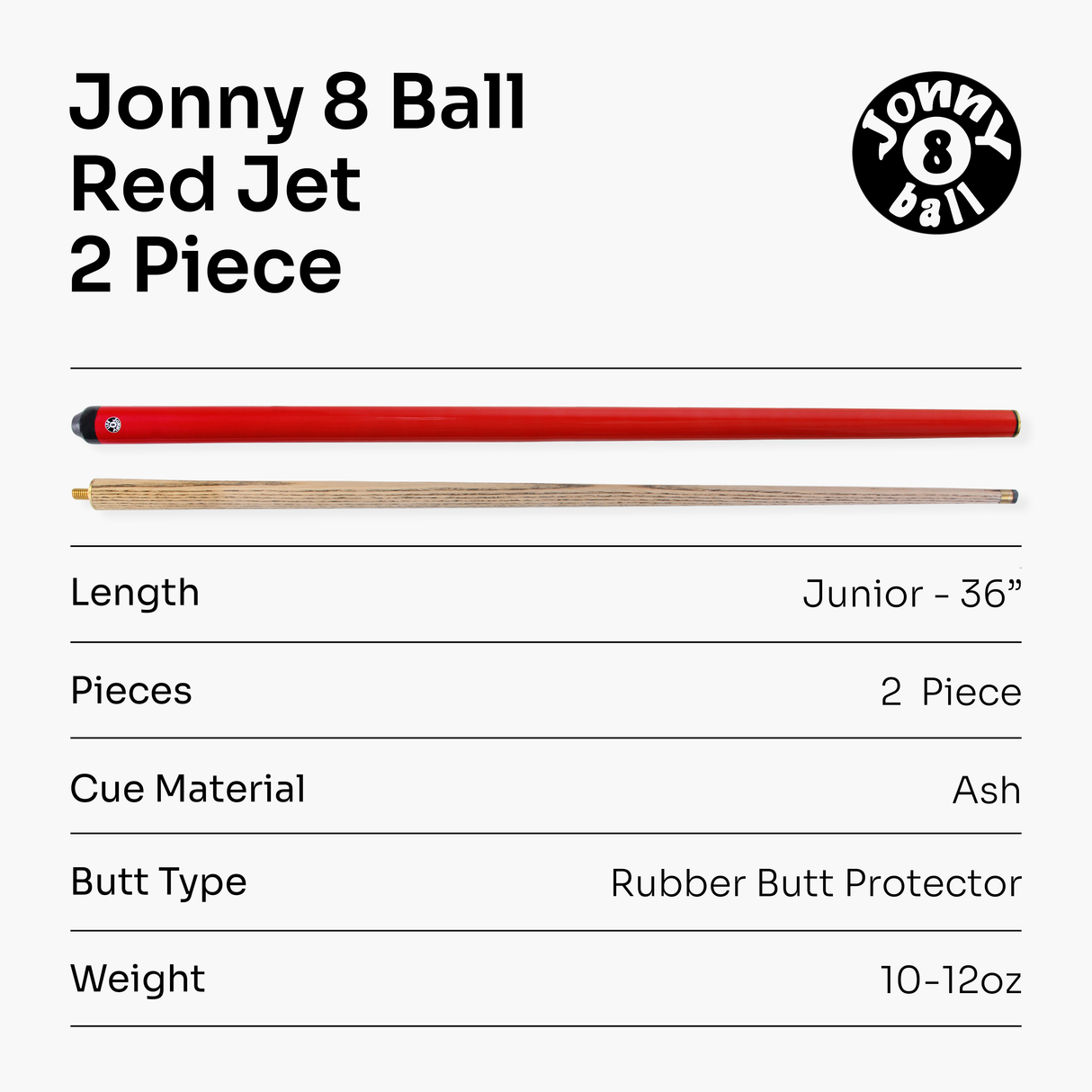 Jonny 8 Ball 36 inch RED JET JUNIOR 2 Pc Ash Pool Snooker Cue - 10mm Tip