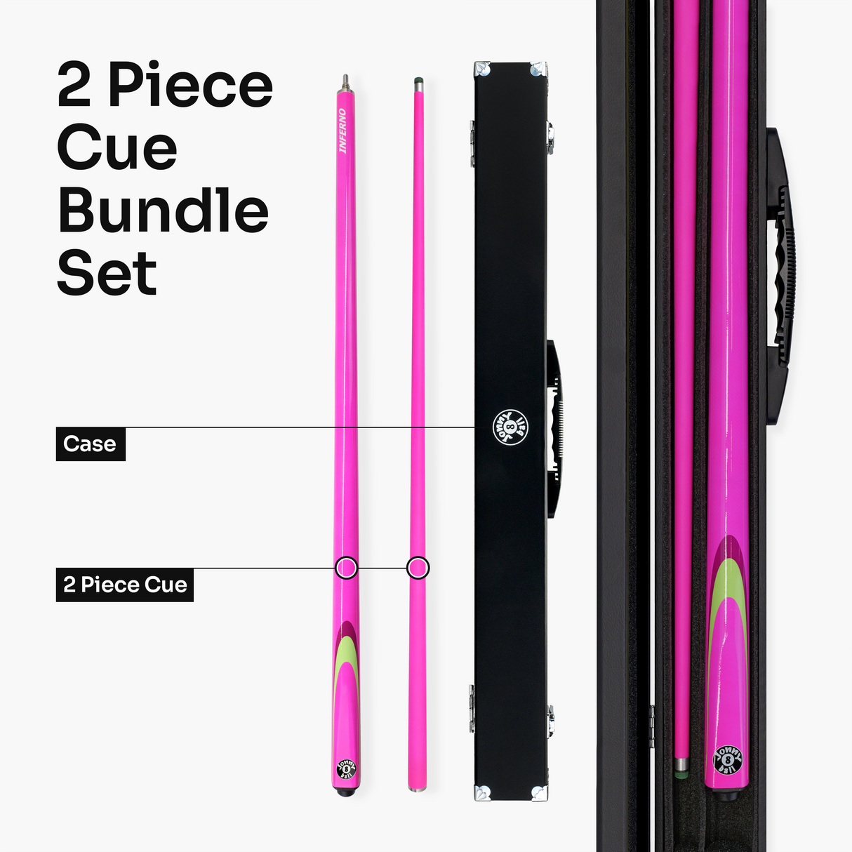 Jonny 8 Ball Inferno 2 Piece Graphite Fiberglass Cue and Case Set 9.5mm Green Layered Tip