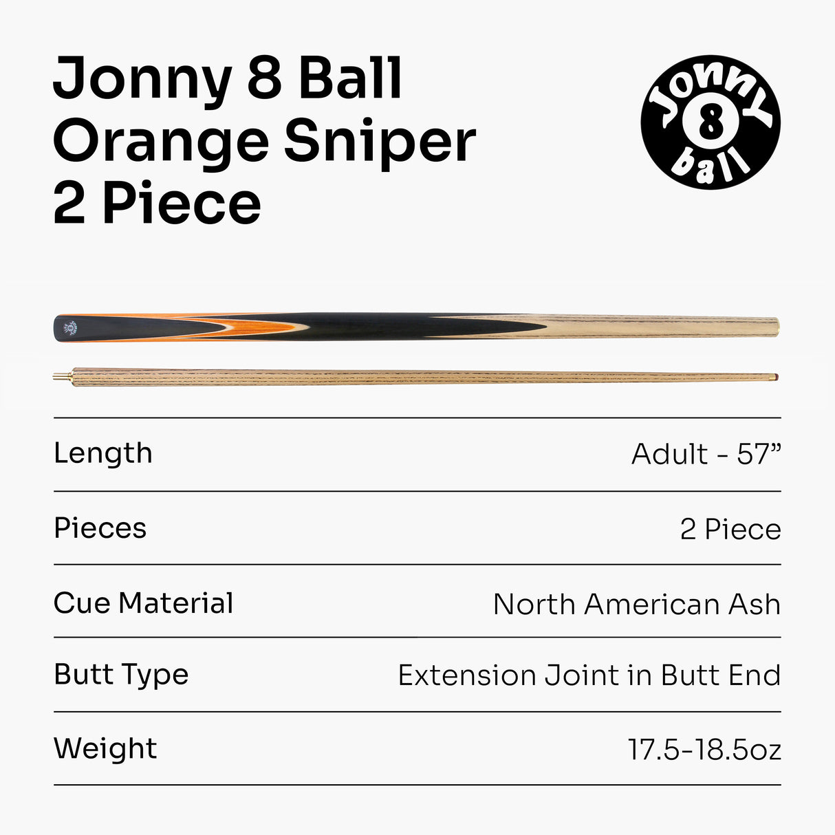 Jonny 8 Ball 2 Piece ORANGE SNIPER Pool Cue and Case Set with Jonny 8 Ball Black Reinforced Case + 2 Chalks