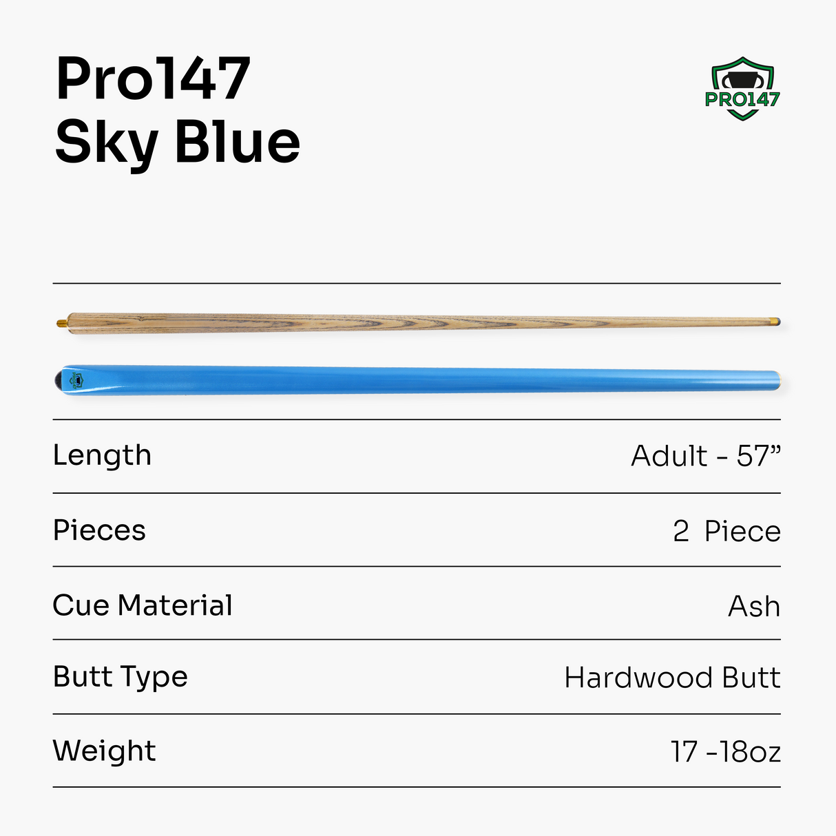 PRO147 SKY BLUE Butt 2 Piece Centre Joint Snooker Pool Cue with 9.5mm Tip