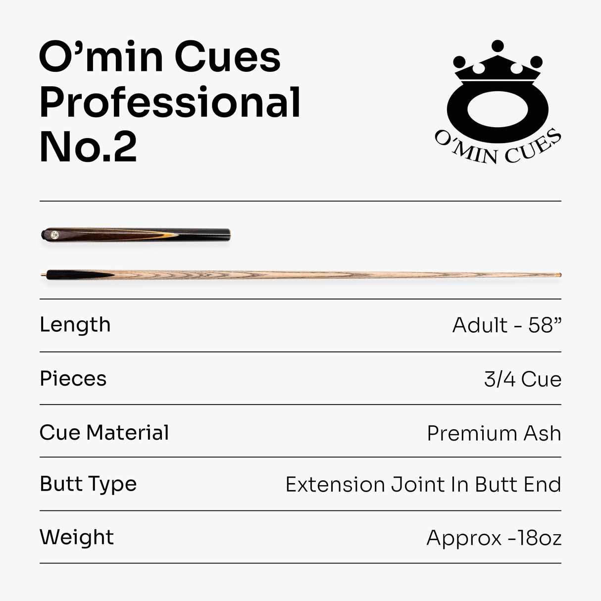 O'min Professional #2 3/4 Joint Snooker Cue with 9.75mm O'min Pro Tip